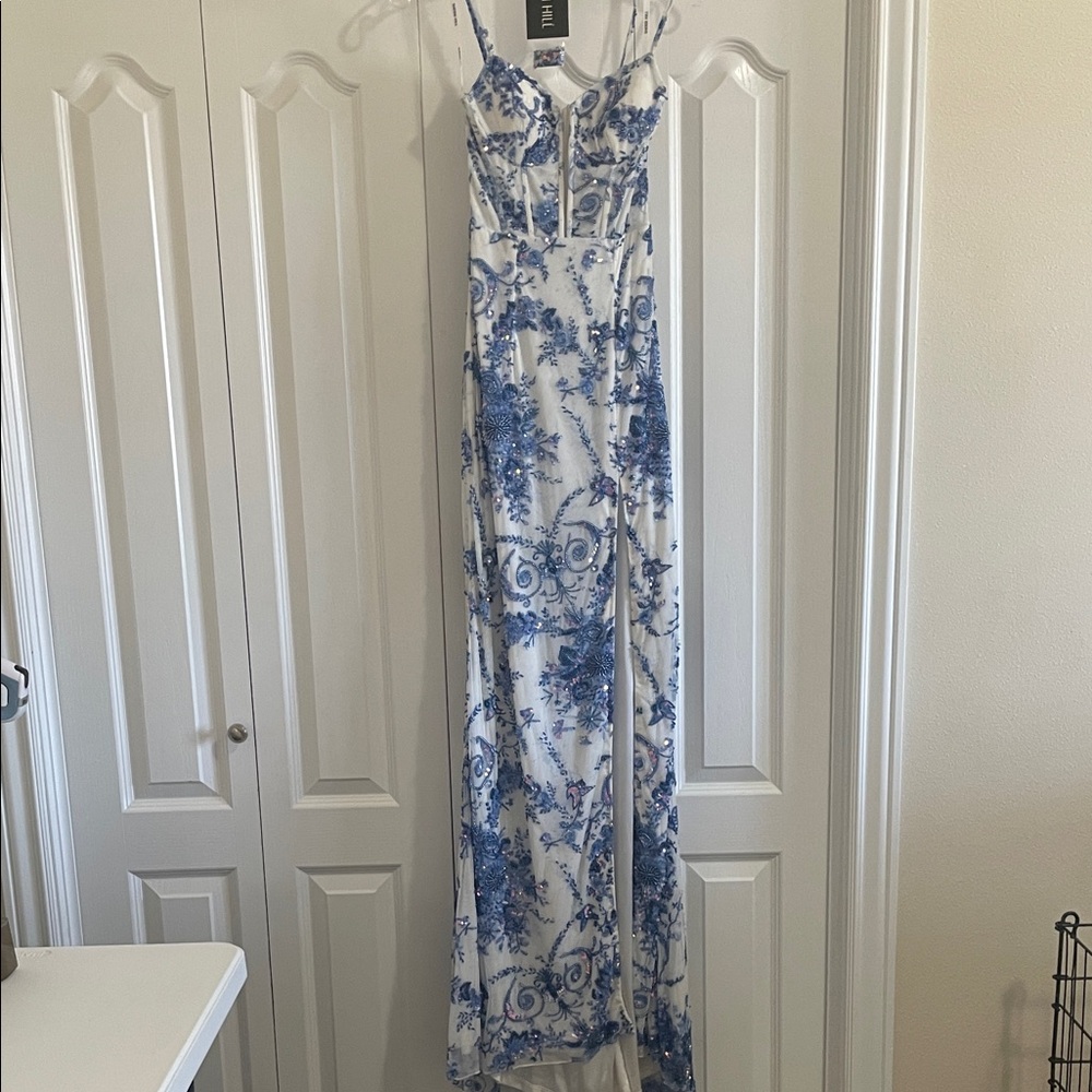 Sherri Hill White and Blue Floral Prom Dress